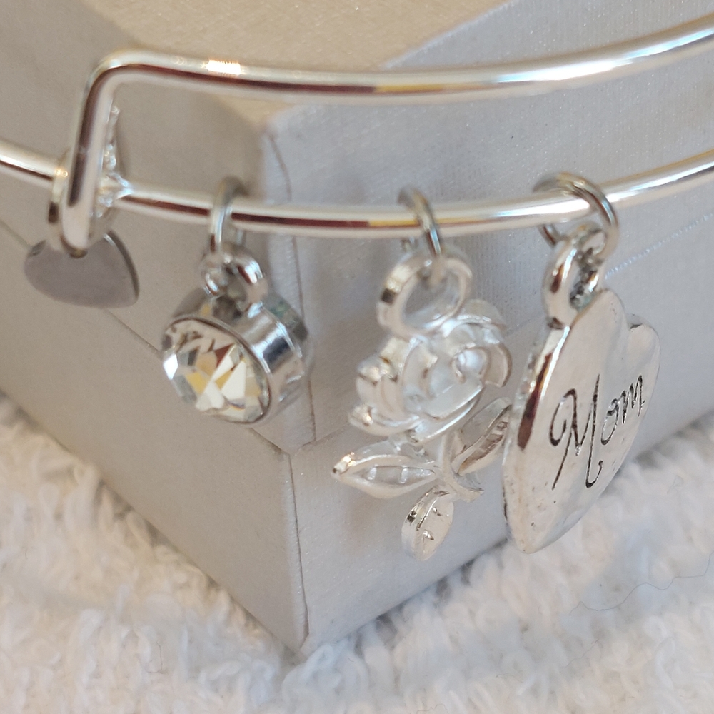 Mom, Rose, Birthstone Adjustable Charm Bangle Bracelet